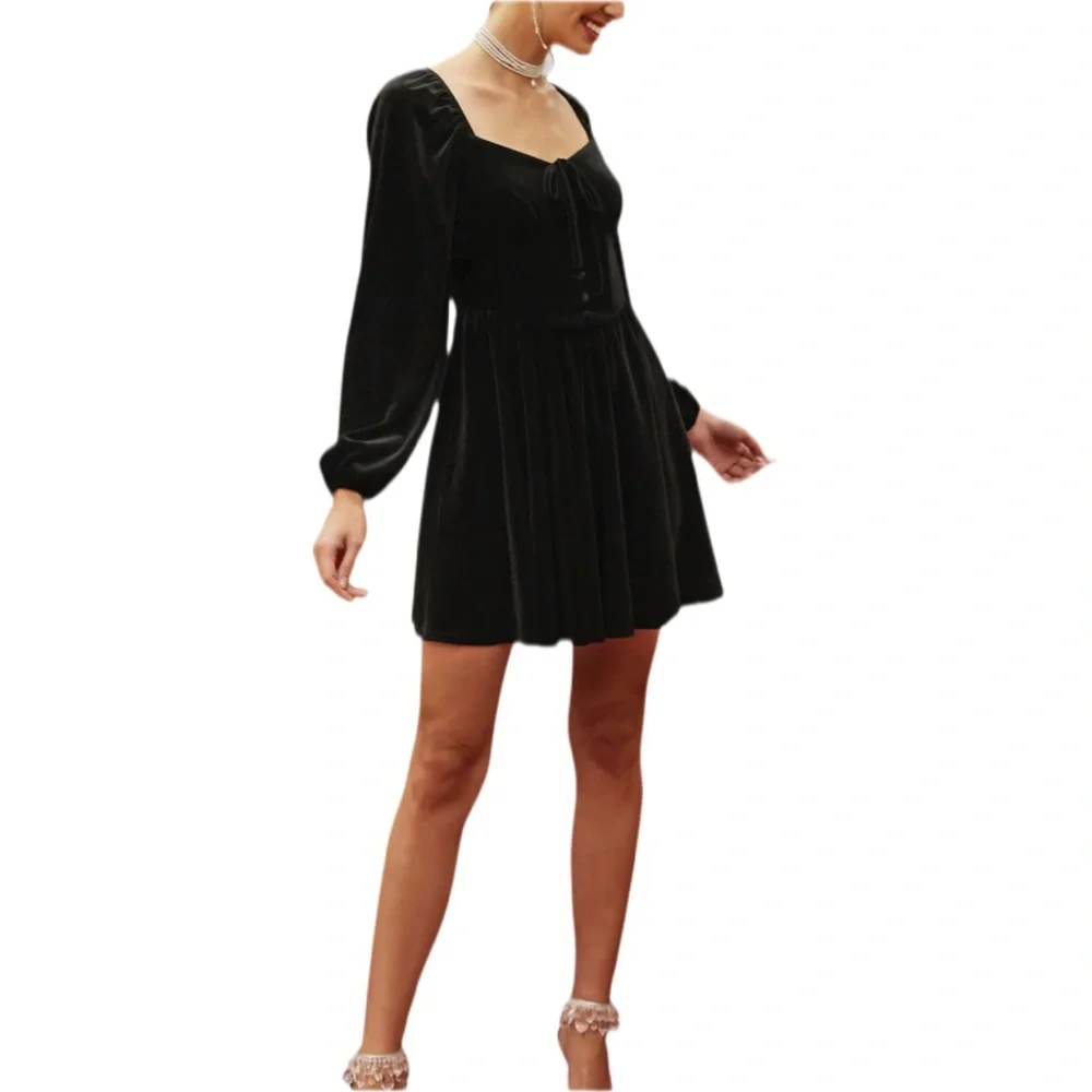 Black Velvet Bustier Babydoll Dress Regency Square Neck Blu Pepper Medium